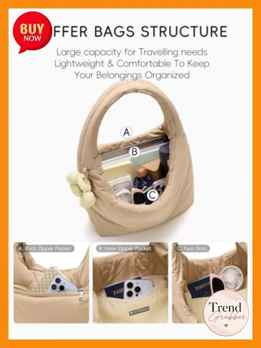 Puffer Hobo Shoulder Bag with Flower Keychain, 14